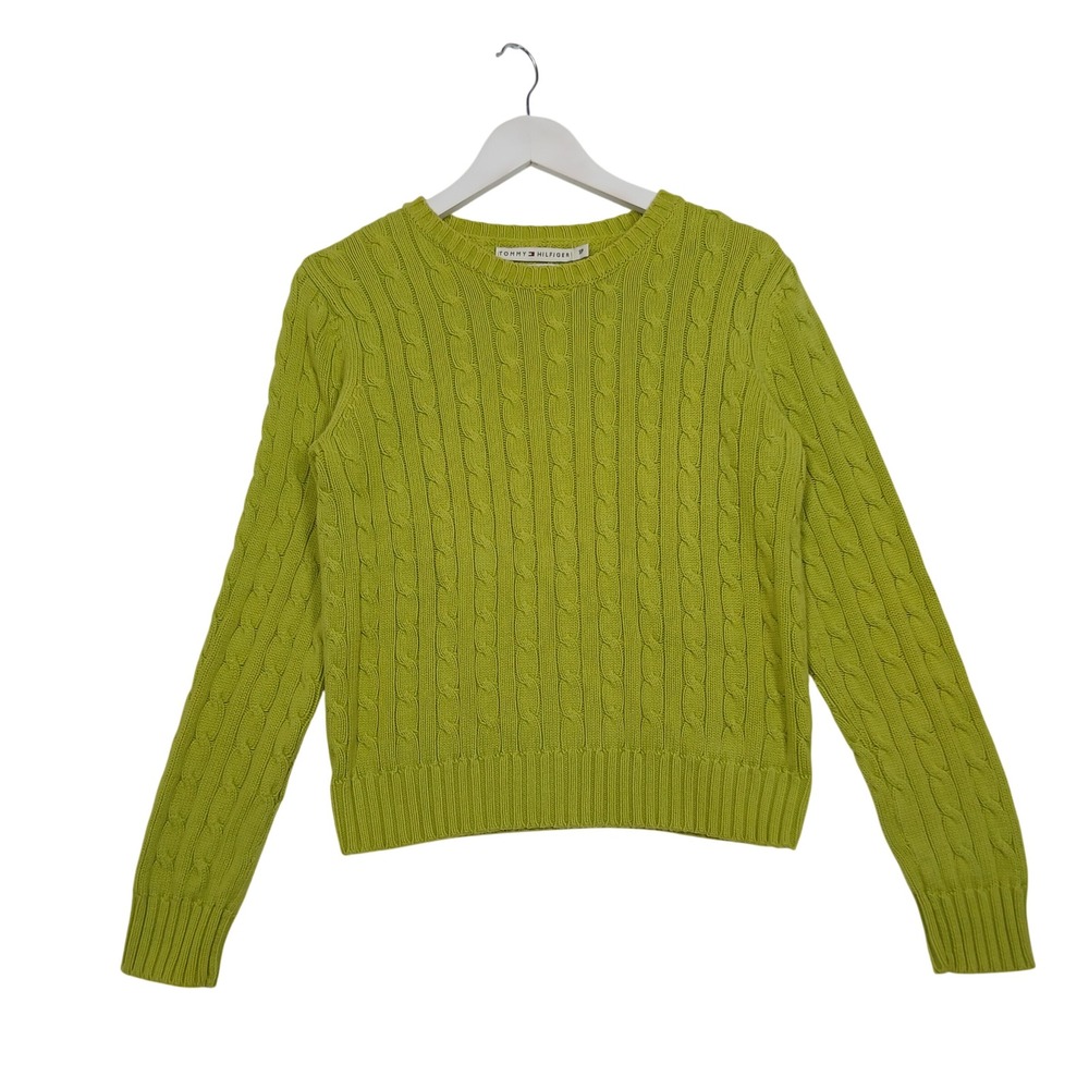 Tommy Hilfiger Lime Green Cable Knit Cotton Crewneck Sweater Womens Small